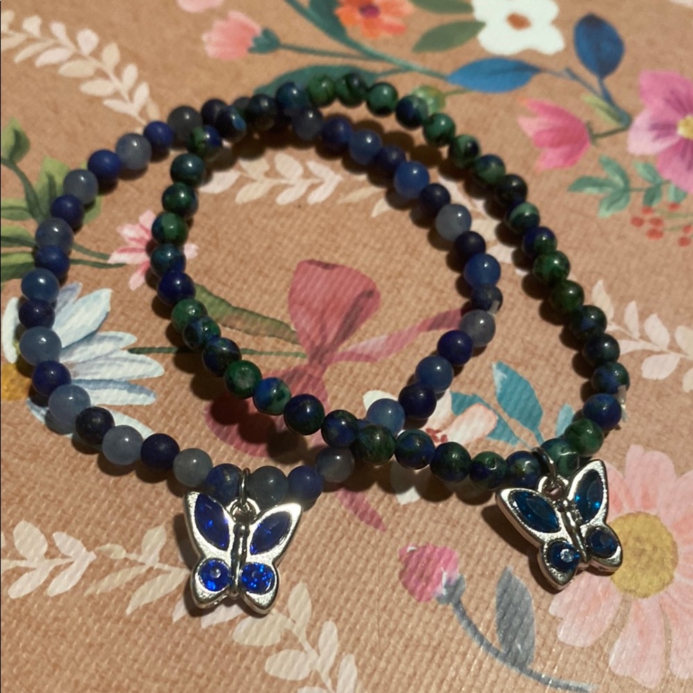 Girls Blue and Green Beaded Butterfly Bracelets